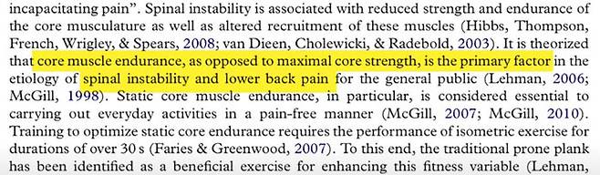 An electromyographic comparison of a modified version of the plank with a long lever and posterior tilt versus the traditional plank exercise (긴 레버와 후방 경사가 있는 변형된 플랭크 버전과 기존 플랭크 운동의 근전도 비교). 척추 불안정 및 요통은 최대 코어 근력과 달리 코어 근지구력이 주요 요인임을 설명하고 있다.