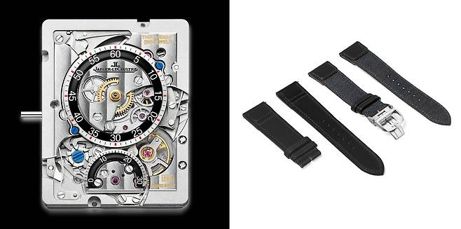 칼리버 860의 모습(왼쪽), 쉽게 교체 가능한 여분의 스트랩을 준다.[사진 예거 르쿨트르 홈페이지]