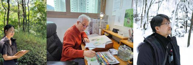 책 '보리 생태 사전'의 세밀화 작업에 참여한 박소정(왼쪽부터), 권혁도, 이우만 작가. 본인 제공