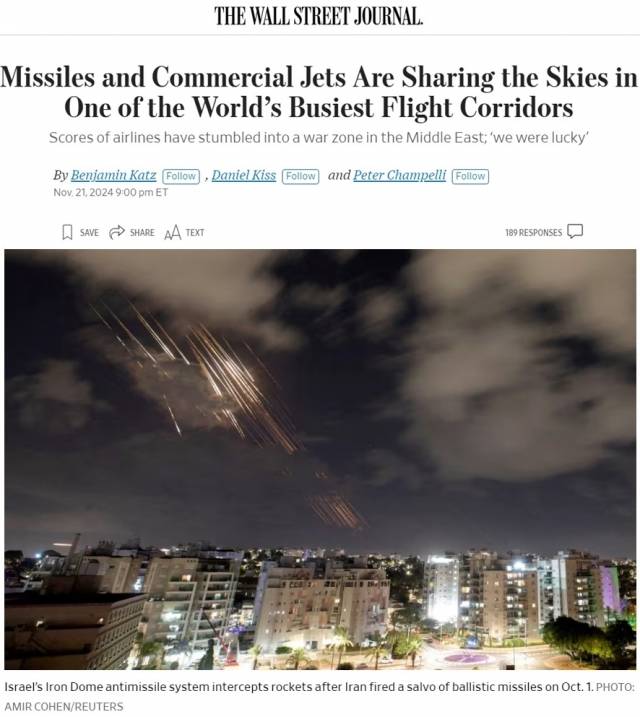 지난달 1일 이스라엘의 아이언돔 미사일 방어 시스템이 이란이 발사한 탄도미사일 여러 발을 요격하는 모습. 월스트리트저널(WSJ) 기사 캡처