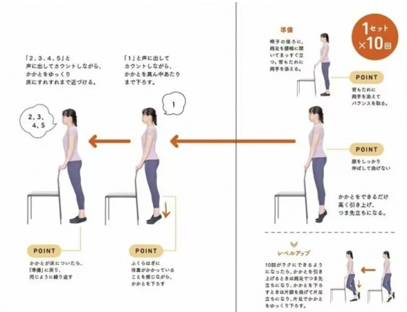 일본 니시큐슈 대학 재활학부 부교수이자 물리 치료사인 마사토시 나카무라가 제안한 ‘3초 근육 운동법’ 중 하나인 ‘뒤꿈치 내리기’. 의자 뒤에 선 채 등받이에 두 손을 얹고 뒤꿈치를 최대한 높이 들어 올렸다가 천천히 내린다. 나카무라 교수는 머릿속으로 3초를 세면 실제보다 빨리 세는 경향이 있기 때문에 1부터 5까지 세면 적당하다고 조언했다. 일본 후지뉴스네트워크 캡처