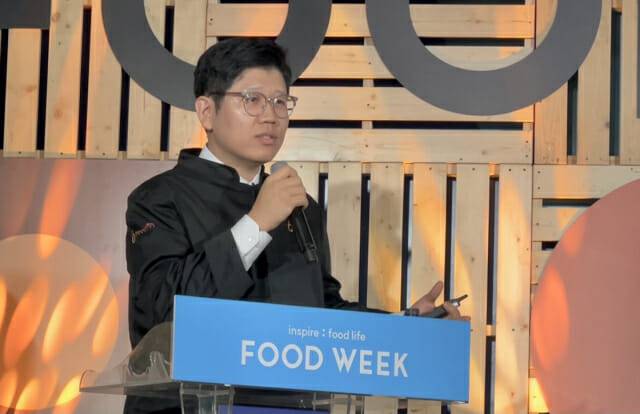 김민규 만다린로보틱스 대표가 지난 21일 서울 삼성동 코엑스에서 열린 월드푸드테크 스타트업 투자유치 IR 행사에서 사업을 소개하고 있다. (사진=만다린로보틱스)