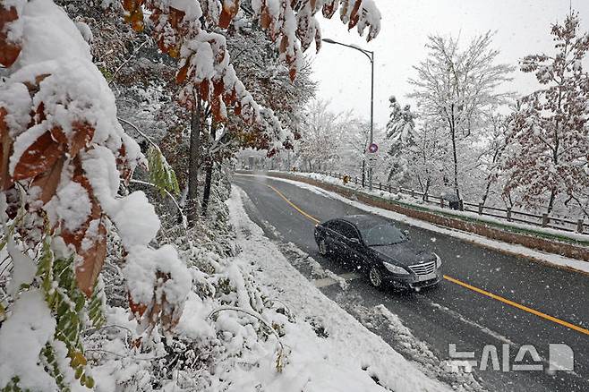 [서울=뉴시스] 김금보 기자 = 서울에 역대 11월 중 가장 많은 적설량을 기록된 27일 오후 서울 종로구 인왕산에 눈이 쌓이고 있다. 2024.11.27. kgb@newsis.com