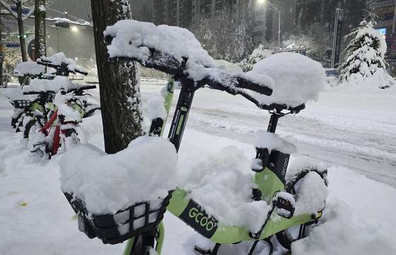 28일 오전 경기도 성남시 분당구 한 도로에 거치된 공유자전거들이 눈으로 뒤덮여 있다. 〈사진=연합뉴스〉