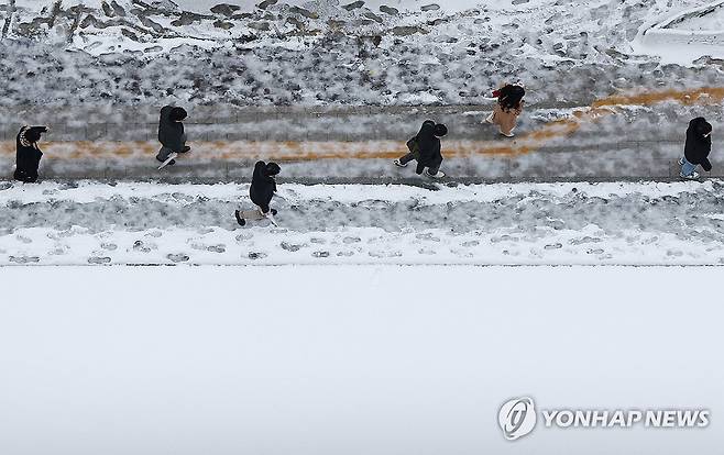 눈길 따라서 출근 (서울=연합뉴스) 이지은 기자 = 서울 등 중부 지역에 많은 눈이 내린 27일 오전 서울 세종대로에서 시민들이 출근하고 있다. 2024.11.27 jieunlee@yna.co.kr