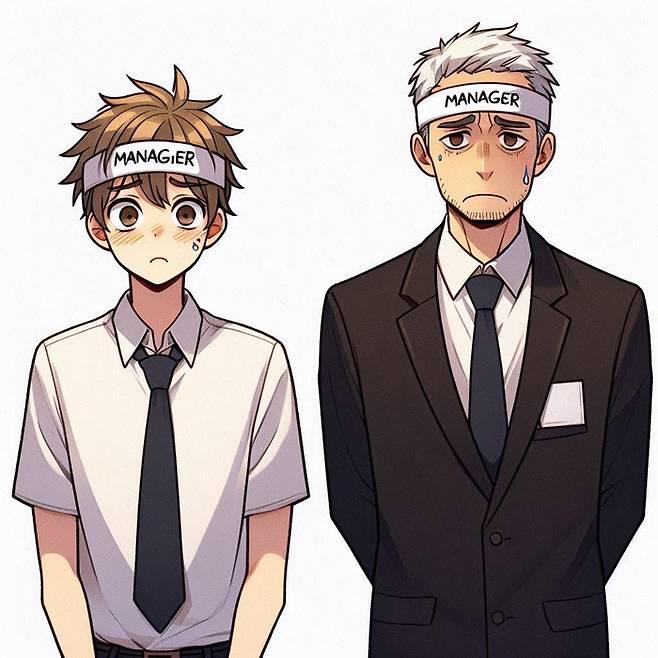 20대 신입사원과 40대 중년 직원이 매니저라는 호칭 획일화에 난감한 표정을 짓는 모습을 Bing Image Creator로 그려봤다. 좋은 프로그램이다.