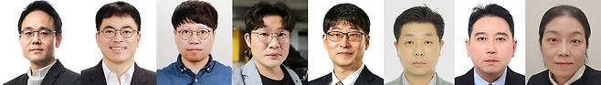 박정호(왼쪽부터) DX부문 CTO SR 차세대통신연구센터 부센터장 부사장, 김용성 SAIT 디바이스리서치센터장 부사장, 문광진 DS부문 CTO 반도체연구소 차세대공정개발3팀장 상무, 채교석 DS부문 메모리사업부 DRAM PA3그룹 상무, 박일한 DS부문 메모리사업부 Flash설계1그룹 상무, 이문근 DX부문 DA사업부 서비스S/W그룹장 상무, 이형철 MX사업부 스마트폰S/W PL2그룹장 상무, 김상하 DX부문 CTO SR 랭귀지인텔리전스팀 상무. [삼성전자 제공]