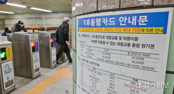 고양특례시와 과천시 구간 지하철에서 기후동행카드의 사용이 시작된 30일 오전 과천역 개찰구에 관련 안내문이 붙어있다. 이날부터 3호선·경의중앙선·서해선 등 고양시 지하철 3개 노선 26개 역사와 4호선 과천시 지하철 1개 노선 5개 역사 등에서 기후동행카드가 사용할 수 있게 됐다. 윤원규기자