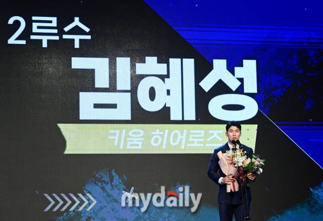 키움 김혜성이 2루수 수비상을 받고 있다./마이데일리