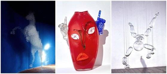 다양한 유리공예 작품들. 흔히 유리를 거울·창문·식기 제작 등에만 사용한다고 생각하지만, 고온에서는 젤리처럼 점성이 있는 상태가 되고 저온에서는 고체가 되는 유리의 성질을 이용하면 다양한 색깔과 형태의 조형물을 만들 수 있다.