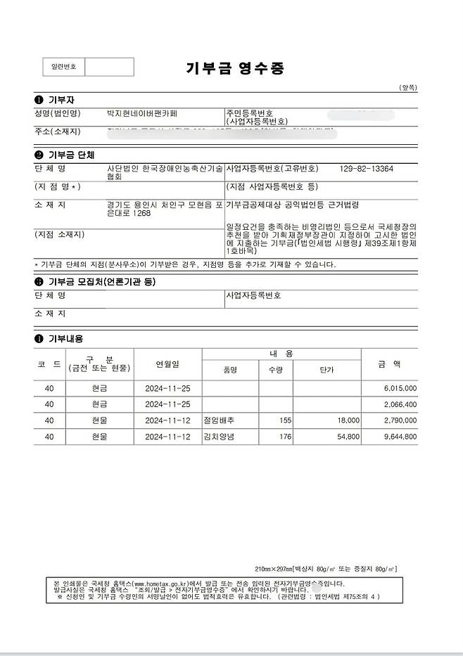 박지현 팬클럽 엔돌핀이 김장 나눔 대축제를 통해 기부한 기부 증서/박지현 네이버 팬카페