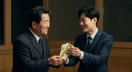 박봉에 울상인 새내기 공직자가 퇴직을 앞둔 선배 공무원에게 전별금과 황금열쇠 기념품을 건네는 장면을 생성형 AI 이미지로 그린 사진. 사진 셔터스톡