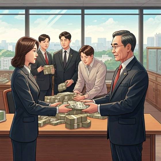 박봉에 울상인 젊은 공무원들이 퇴직을 앞둔 선배 공무원에게 전별금을 건네는 장면을 생성형 AI 이미지로 그린 사진. 사진 셔터스톡
