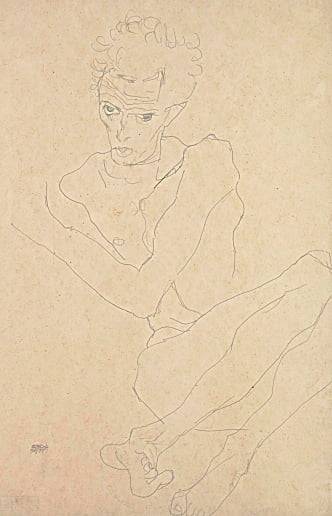 뒤틀린 자세의 누드 자화상(1912). 이번 전시에는 실레의 드로잉도 여러 점 나왔다. 일반적으로 해외 명화전에서 드로잉은 일종의 '전시 구색을 맞추기 위한 수단', 유화의 다운그레이드 버전, 습작 등으로 평가받는다. 하지만 실레의 드로잉은 예외다. 실레 작품의 가장 큰 특징이 '선'에 있기 때문에, 실레만의 매력을 가장 잘 보여주는 장르의 작품이라는 평가를 받는다. /레오폴트미술관, 이번 전시 출품작