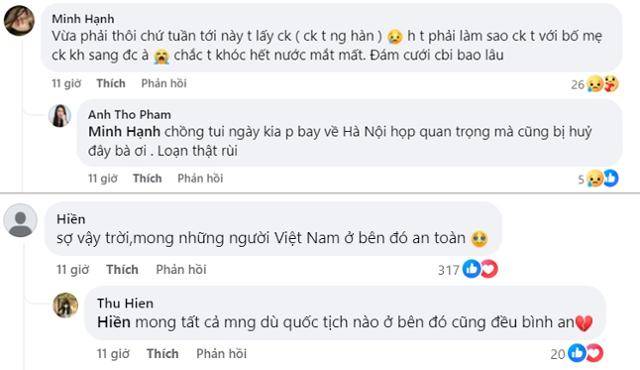 베트남인들이 한국 계엄령 상황을 우려하고 있는 페이스북 메시지. 한국에 있는 한국인 남편과 시부모가 이번 주 베트남에서 열릴 결혼식에 불참할까 봐 노심초사하는 한 여성의 글(위)과 한국에 있는 베트남인들의 안전을 기원하는 글(아래). 페이스북 캡처