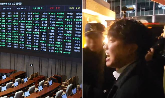 4일 새벽 서울 여의도 국회에서 열린 본회의에서 비상계엄 해제요구안이 가결되고 있다. 오른쪽은 계엄군 통제로 국회에 출입하지 못한 이준석 개혁신당 의원.&nbsp;뉴시스·JTBC 보도화면 갈무리