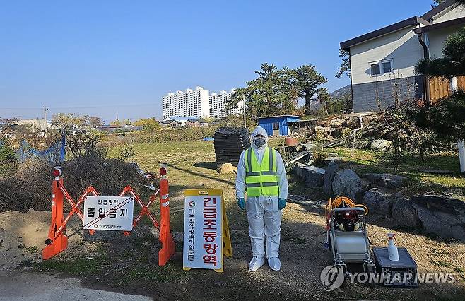 전남도, AI 방역 강화 (영암=연합뉴스) 25일 전남 영암군 한 가금농장 주변에서 조류인플루엔자(AI) 긴급초동방역이 이뤄지고 있다.
    전남도는 영암지역 가금농장 1곳에서 H5형 AI 항원이 검출되자 초동방역팀을 투입, 해당 농장의 출입을 통제하고 병역과 살처분 등을 완료했다. 2024.11.25 [전남도 제공. 재판매 및 DB 금지] hs@yna.co.kr