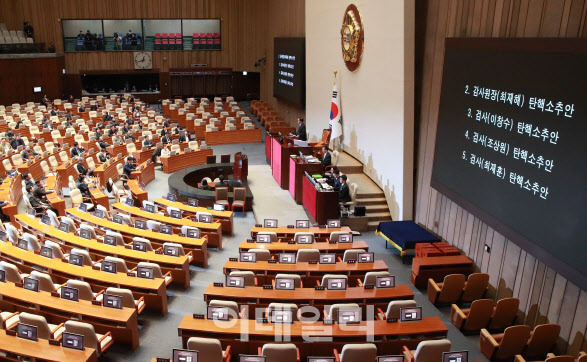 5일 서울 여의도 국회에서 열린 본회의에서 최재해 감사원장과 이창수 서울중앙지검장, 조상원 4차장검사, 최재훈 반부패수사2부장 탄핵 소추안이 가결되고 있다. (사진=노진환 기자)