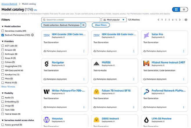 베드락 마켓플레이스에 등록된 모델들. 업스테이지 ‘솔라 프로’가 카탈로그 상단에 위치해 있다.(사진=AWS)