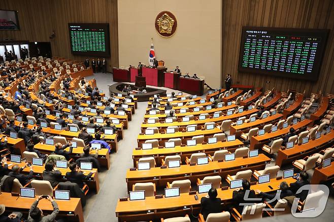 윤석열 대통령이 비상계엄령을 선포한 가운데 4일 새벽 서울 여의도 국회에서 열린 본회의에서 비상계엄 해제 요구 결의안에 대한 표결이 진행되고 있다. 2024.12.4/뉴스1 ⓒ News1 이광호 기자