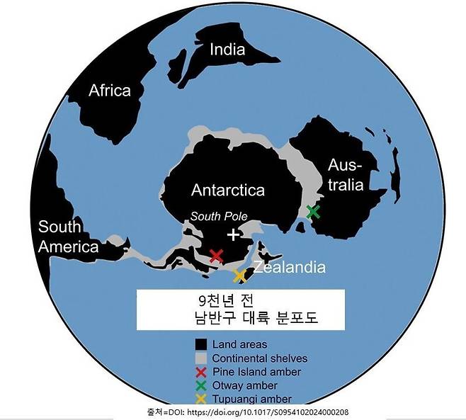 9천만년 전의 남반구 분포도. 빨간색 십자 표시가 이번에 호박이 발견된 곳이다.