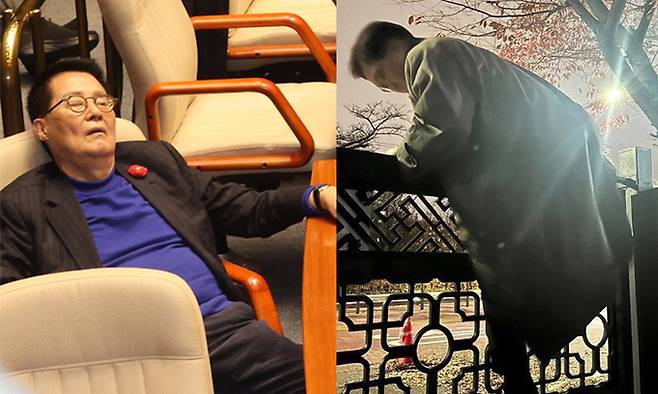 지난 4일 새벽&nbsp;비상계엄 해제 요구 결의안이 통과된 이후 박지원 의원 본회의장에 남아 잠든 모습. 오른쪽은 우원식 국회의장이 3일 밤 담을 넘어 국회 경내로 진입하고 있다. 연합뉴스·국회의장실 제공