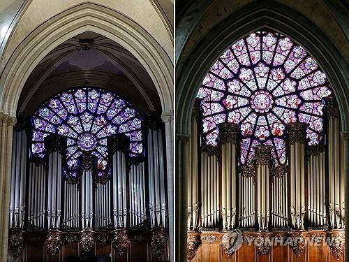 복원 후의 대성당 서쪽 장미창(왼)과 화재 전 같은 장미창 모습  [AFP 연합뉴스 자료사진. 재판매 및 DB 금지]
