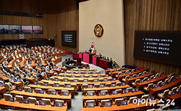 지난 5일 서울 여의도 국회에서 열린 본회의에서 최재해 감사원장에 대한 탄핵소추안이 통과되고 있다. [사진=곽영래 기자]