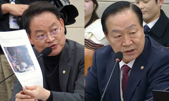 ▲ 5일 서울 여의도 국회에서 열린 국방위원회 전체회의에서 허영(왼쪽 사진)·한기호 국회의원이  지난 3일 비상계엄 때 계엄사령관을 맡았던 박안수 육군참모총장에게 질의하고 있다.  허영·한기호 국회의원실 제공