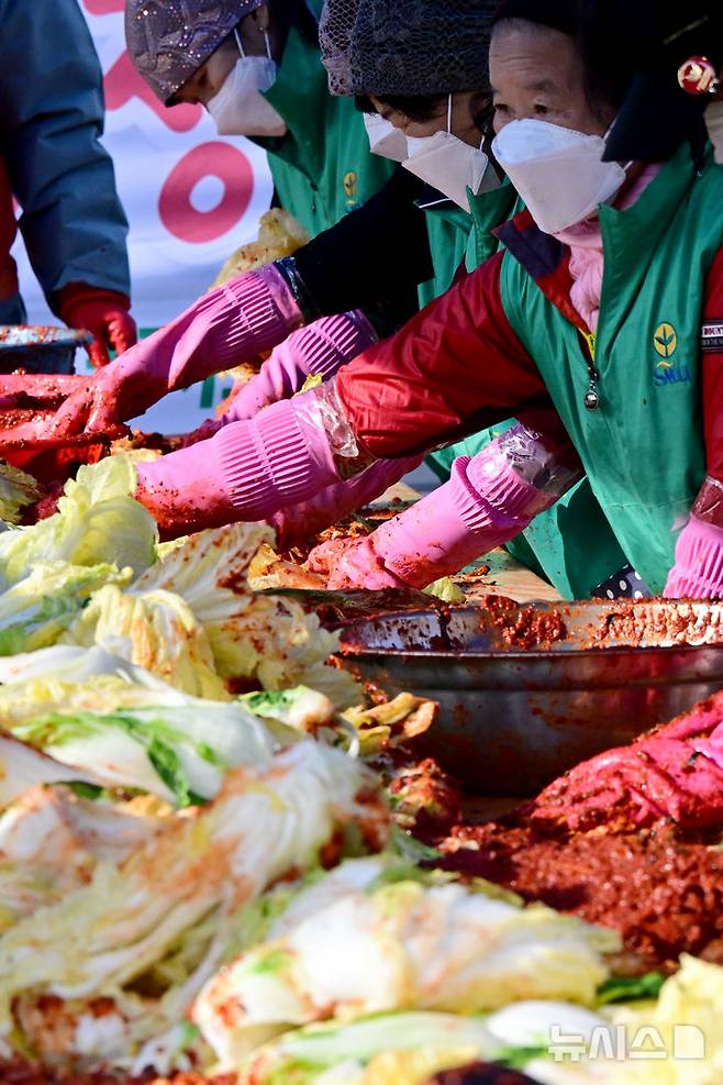 [남해=뉴시스] 차용현 기자 = 6일 오전 경남 남해군 서면행정복지센터에서 지역 새마을남녀지도자들이 사랑의 김장김치 담그기 행사를 진행하고 있다. 이날 새마을 지도자들은 손수 담근 1000여포기의 김장김치를 취약계층 가정에 전달했다. 2024.12.06. con@newsis.com