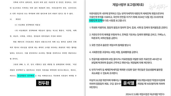 ▲윤석열 대통령은 ‘계엄사령부 포고령’을 통해 전국민을 위협했다. 국헌문란의 목적을 달성하기 위한 수단으로, 비상계엄의 위협적인 효과를 이용한 것이다. 대법원이 전두환에게 내란죄를 적용하며 판시한 내란죄의 구성 요건 ‘폭동’과 정확히 들어맞는다.