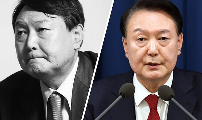 2021년 9월1일 시사저널과 만난 당시 윤석열 국민의힘 대선 경선 후보(왼쪽)과 2024년 12월3일 비상계엄을 선포하는 윤석열 대통령ⓒ시사저널·연합뉴스
