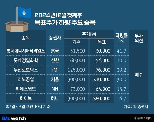 2024년 12월 첫째주 목표주가 하향 목록/그래픽=비즈워치