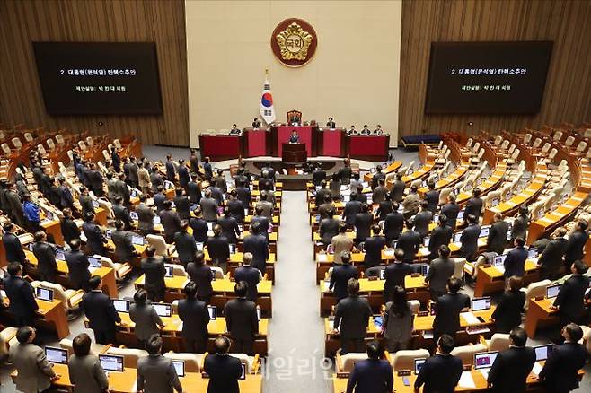 윤석열 대통령 탄핵소추안 표결이 7일 오후 국회 본회의장에서 여당인 국민의힘 대다수 의원들이 불참한 가운데 진행되고 있다. ⓒ데일리안 홍금표 기자