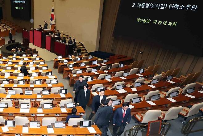 우원식 국회의장이 7일 서울 영등포구 국회에서 열린 제418회국회(정기회) 제17차 본회의에서 윤석열 대통령 탄핵소추안을 상정하자 안철수 국민의힘 의원을 제외한 당 소속 의원들이 본회의장을 나가고 있다. /뉴시스