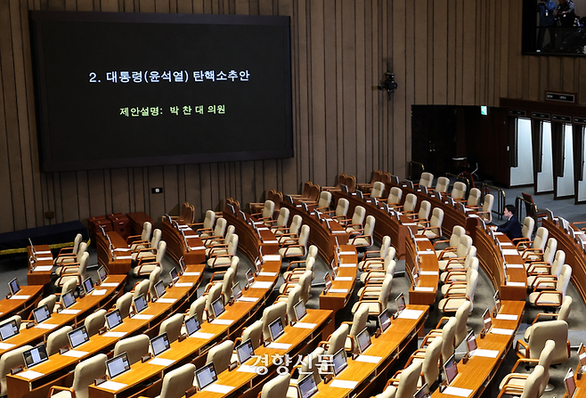 7일 국회에서 열린 국회 제17차 본회의에서 국민의힘 의원들이 ‘김건희 특별법’ 부결 이후 모두 퇴장한 가운데 윤석열 대통령에 대한 탄핵소추안 상정을 앞두고 안철수 의원이 홀로 텅 빈 여당 의석을 지키고 있다. 이후 김예지, 김상욱 의원이 추가로 입장했다. 성동훈 기자