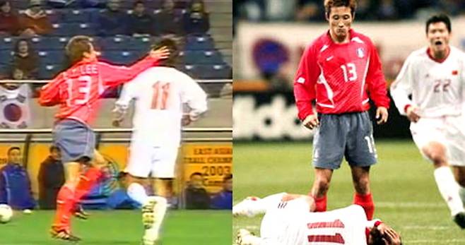 2003년 12월 동아시안컵 대회에서 대한민국 축구 국가대표팀 이을용이 자신에게 계속해서 거친 태클을 하던 중국 선수의 뒤통수를 때렸다. 이 모습은 '을용타'라고 불리며 인터넷 밈이 됐다. /사진=유튜브 채널 KFATV 갈무리
