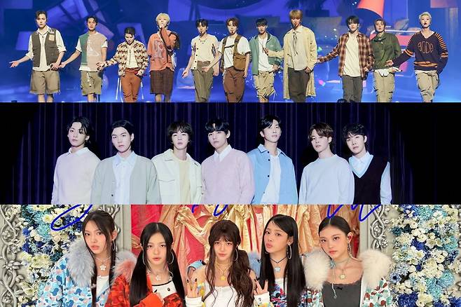 그룹 세븐틴, 방탄소년단, 뉴진스/사진제공=플레디스 엔터테인먼트, 빅히트 뮤직, 어도어
