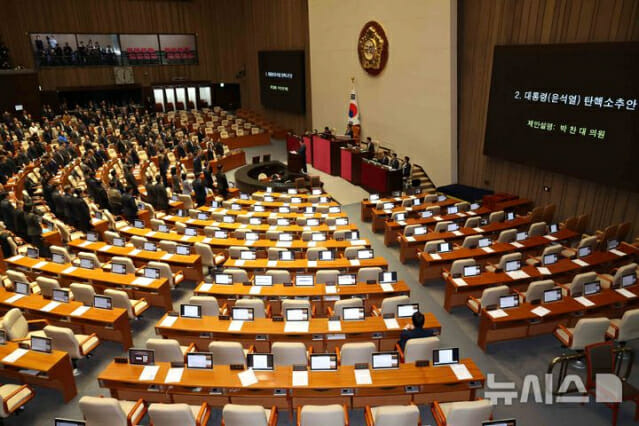 7일 오후 윤대통령 탄핵소추안 투표에서 본회의장을 떠난 국민의힘 의원들