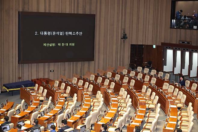 7일 오후 국회 본회의에서 대통령 탄핵소추안에 대한 더불어민주당 박찬대 원내대표의 제안 설명 때 국민의힘 의원들이 퇴장해 의석이 비어 있는 가운데 국민의힘 안철수 의원이 홀로 자리를 지키고 있다. 윤운식 선임기자 yws@hani.co.kr