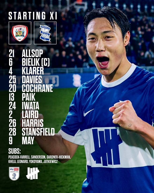 사진은 8일 반슬리와의 경기서 선발 출전한 백승호. 버밍엄의 선발 명단. 사진=버밍엄 SNS