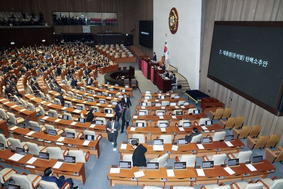 국회 본회의에서 7일 오후 윤석열 대통령 탄핵소추안이 상정되자 안철수 의원을 제외한 국민의힘 의원이 퇴장하고 있다. 김성룡 기자