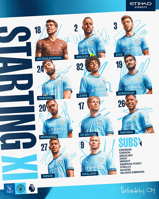 맨체스터 시티 선발 라인업. 맨시티 공식 SNS