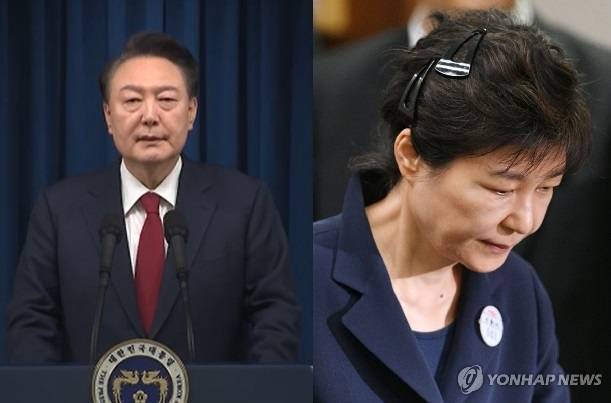 대국민 담화하는 윤석열 대통령과 파면 된 뒤 재판을 받기 위해 법정에 들어서는 박근혜 전 대통령. [사진출처 = 영상캡처, 연합뉴스]