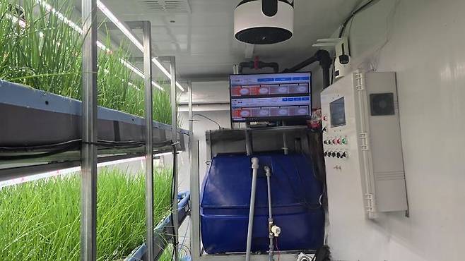 [대전=뉴시스] 이엔후레쉬가 개발한 쪽파 전용 컨테이너의 모습. 3단 컨테이너 수직농장으로 연중 365일 재배가 가능한 스마트팜 기반의 수경재배기술이 도입돼 연간 12번까지 쪽파 수확이 가능하다.(사진=이엔후레쉬 제공) *재판매 및 DB 금지