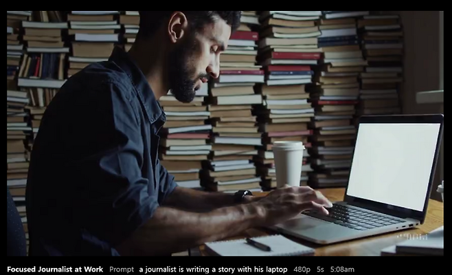 소라에 a journalist is writing a story with his laptop 라고 입력해서 얻은 동영상의 정지 장면. <이덕주 기자>