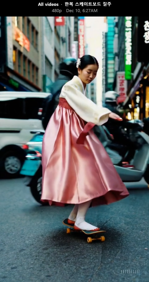 소라의 스토리 보드 기능을 이용해 ‘아름다운 한국인 소녀가 한복을 입고 서울 거리에서 스케이트보드를 타고 질주한다’고 입력하고, 2초 후에 ‘질주하던 소녀가 달려오던 승용차를 스케이트 보드로 가볍게 뛰어넘고 계속 달린다’고 입력하고 영상을 생성해봤다. <이덕주 기자>