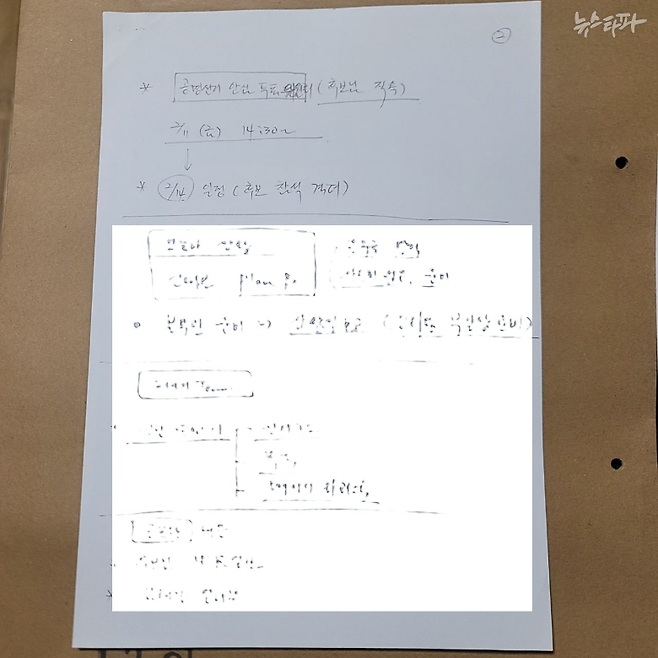 신용한 회의 메모지(2022.2.10.) '부정선거'와 관련 없는 내용은 가림 처리. 