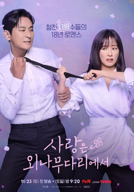 tvN 드라마 <사랑은 외나무다리에서>는 철천지 원수 사이인 두 남녀가 18년 만에 재회해 사랑에 빠지는 이야기다. tvN 제공