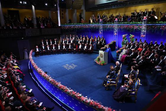 Nobel laureate in literature Han Kang attends the Nobel Prize ceremony in Stockholm, Sweden, on Dec. 10. [YONHAP]
